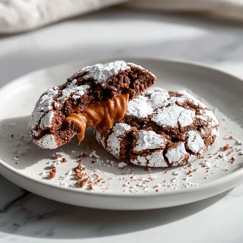 Decadent Caramel-Filled Chocolate Crinkle Cookies with Gooey Dulce de Leche Center and Powdered Sugar Coating - secondary view